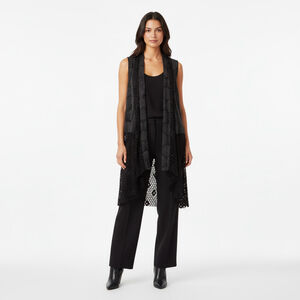 Red Coral Dark Boho Long Knit Cardigan Vest Macrame Lace Hem Size OS Charcoal